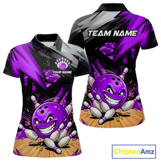 Custom Funny Bowling Ball Bowling Women Polo & 1/4 Quarter Zip Shirt, Purple Bowling Team Shirt NBT930