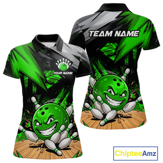 Custom Funny Bowling Ball Bowling Women Polo & 1/4 Quarter Zip Shirt, Green Bowling Team Shirt NBT931