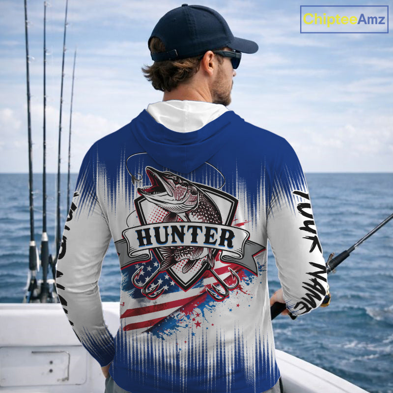 Personalized American Flag Northern Pike Long Sleeve Hooded Fishing Shirts, Patriotic Pike Fishing Jerseys|Blue NBT655