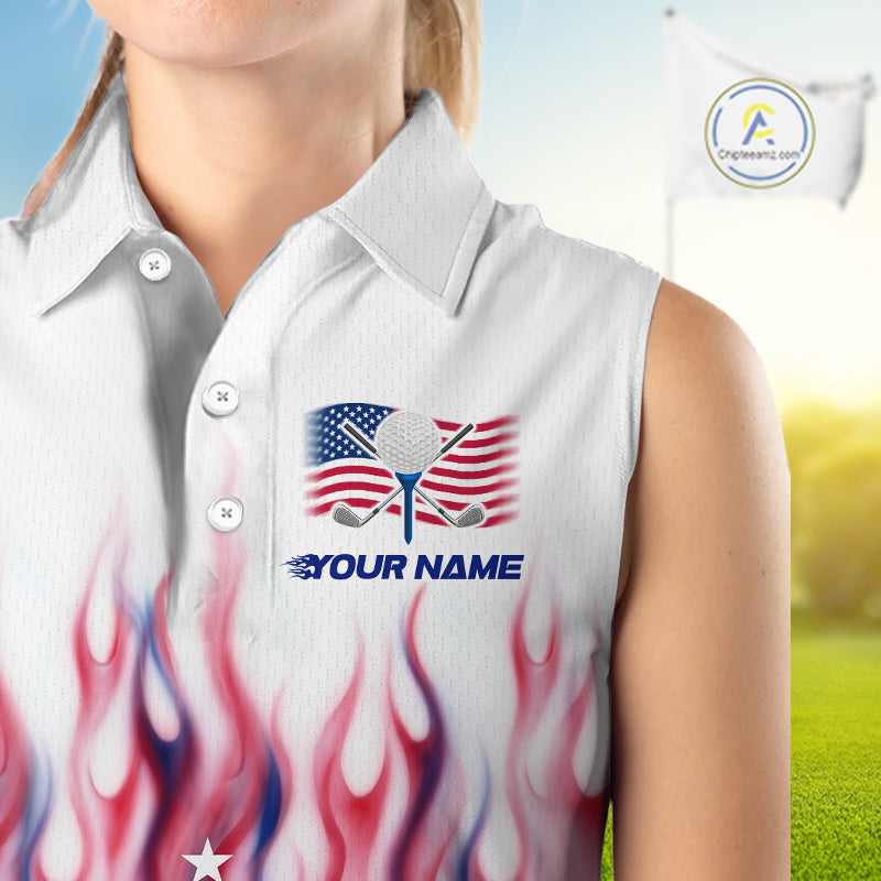 Fire American Flag Custom Patriotic Women Sleeveless Golf Polo Shirts, Flame US Golf Shirt NBT1003