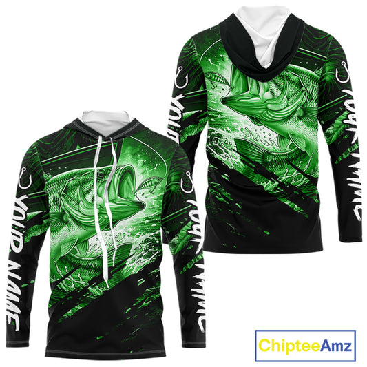 Green and black long sleeve hooded fishing shirt with largemouth bass fish design on a white background