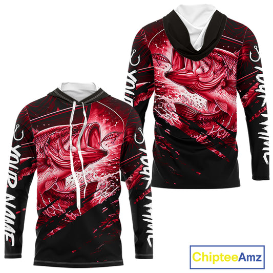 Red and black long sleeve fishing shirt with largemouth bass fish design on a white background