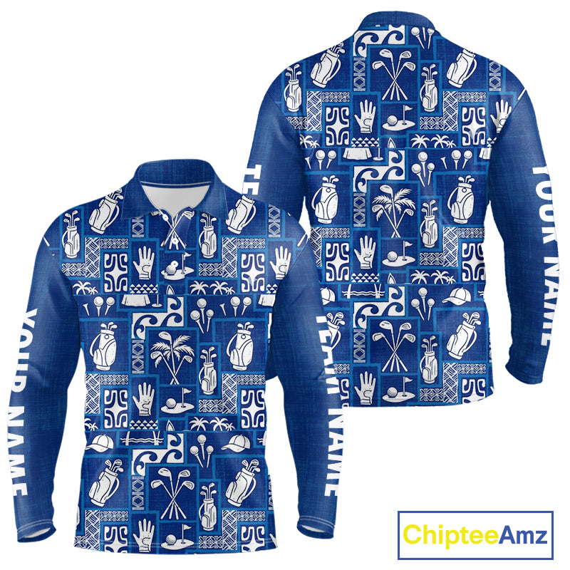 Blue Pattern Mens Golf Polo Shirts Custom Name Best Golf Clothing Shirts NBT1009