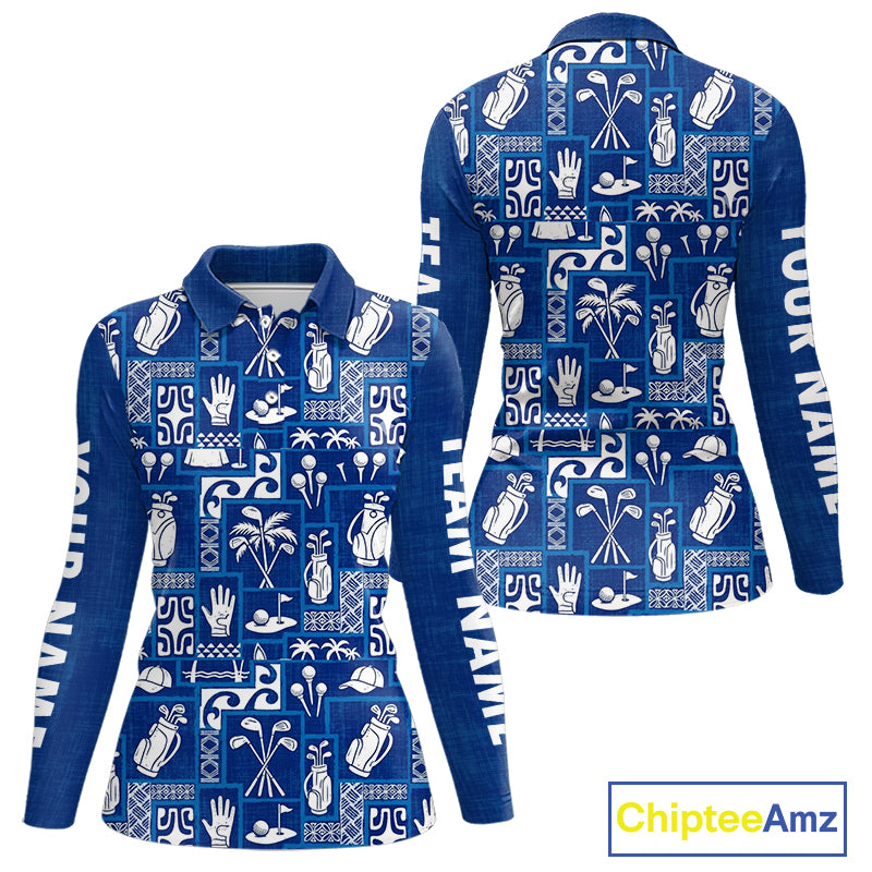 Blue Pattern Womens Golf Polo Shirts Custom Name Best Golf Clothing Shirts NBT1009