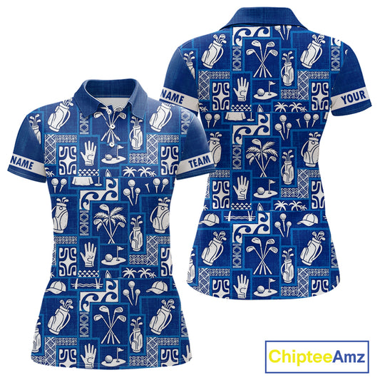 Blue Pattern Womens Golf Polo Shirts Custom Name Best Golf Clothing Shirts NBT1009
