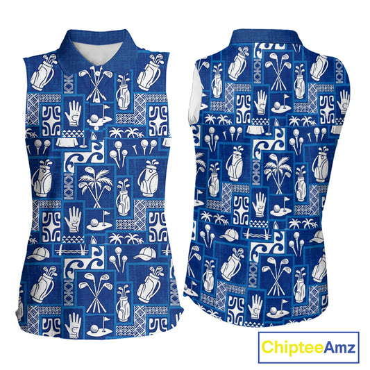 Blue Pattern Womens Sleeveless Golf Shirts Custom Name Best Golf Clothing Shirts NBT1009