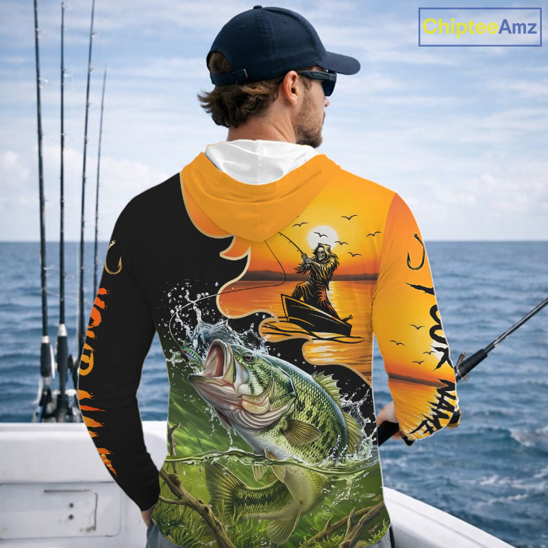 Personalized Fish Reaper Sunset Design Largemouth Bass Long Sleeve Hooded Fishing Shirts NBT673