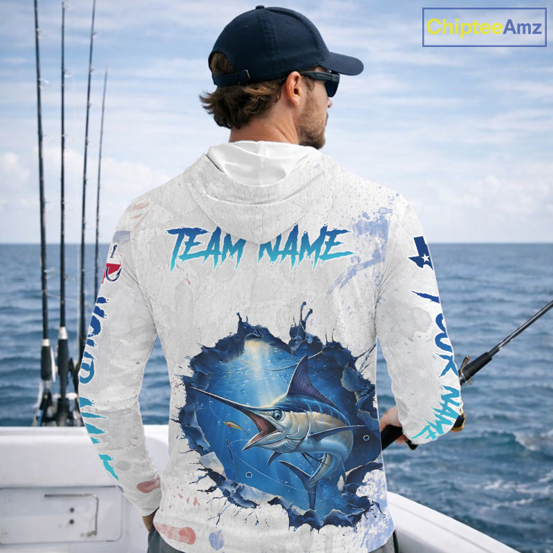 Custom Marlin Fishing Long Sleeve Hooded Tournament Shirts, Marlin Saltwater Fishing Apparel | White NBT681