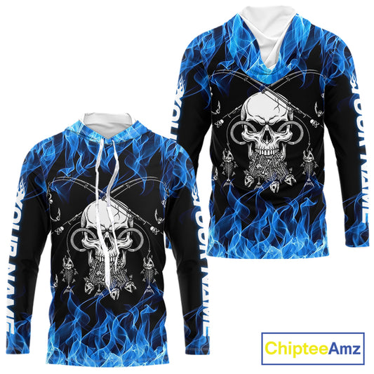 Fish Reaper Fishing Skull Fire Flame Long Sleeve Hooded Tournament Fishing Shirts, Skull Fishing Jerseys NBT692