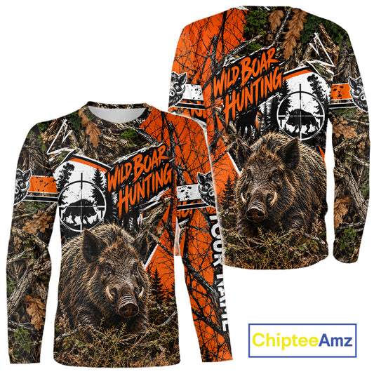 Wild Boar Hunting 3D Orange Camo Shirt Custom Name Perfect Gift For Hunters, Hog Hunting Shirts NBT1123