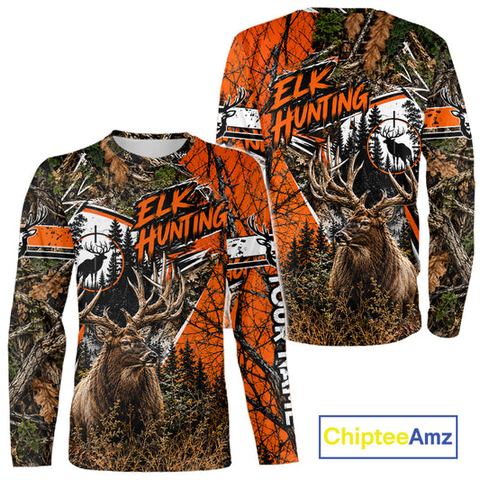 Elk Hunting 3D Orange Camo Shirt Custom Name Perfect Gift For Hunters, Elk Hunting Shirts NBT1124
