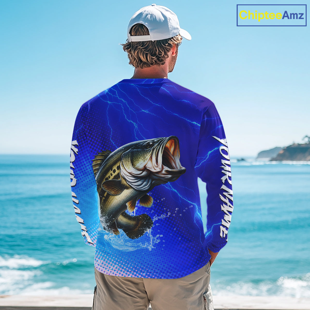 Blue Camo Bass Fishing Shirts Long Sleeve Thunder Light, Custom Name Bass Fishing Shirts NBT455