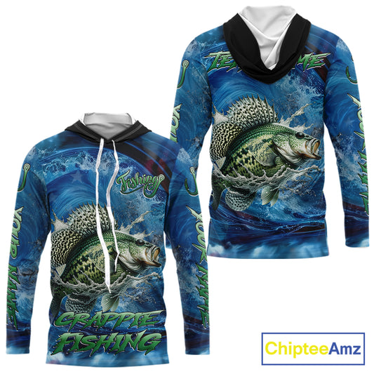 Blue Camo Crappie Fishing Custom Performance Long Sleeve Hooded Fishing Shirts Crappie Fishing Team Shirts NBT1036