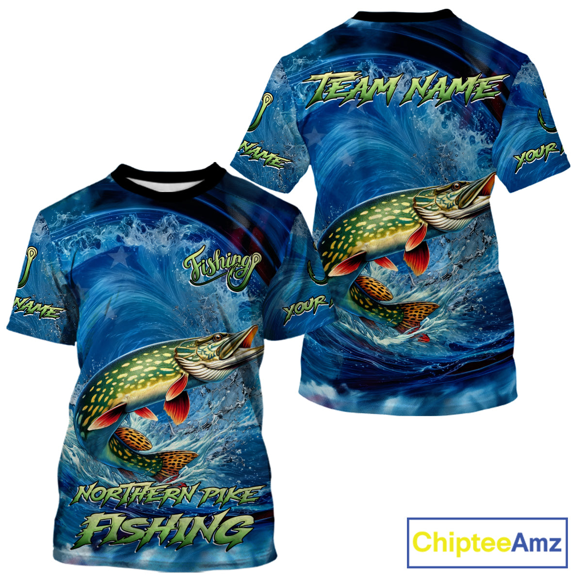 Blue Camo Northern Pike Fishing Custom Performance Fishing T-Shirts Pike Fishing Team Shirts NBT1037