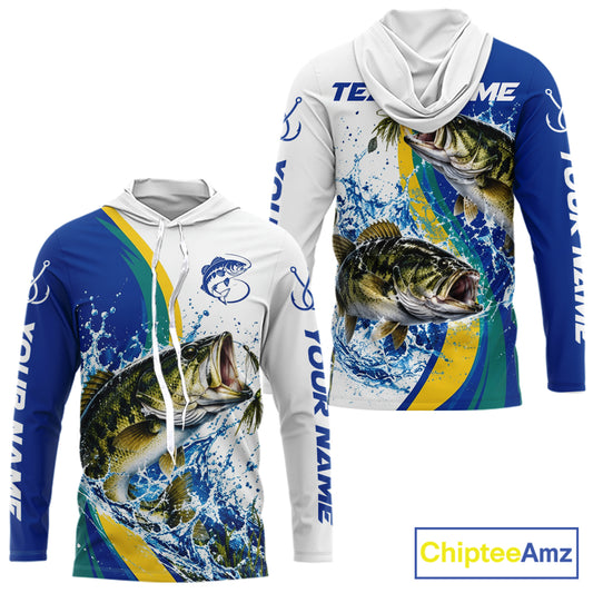 Largemouth Bass Fishing Blue Camo Custom Name Long Sleeves Hooded Fishing Shirts, Bass Fishing Jersey NBT1146