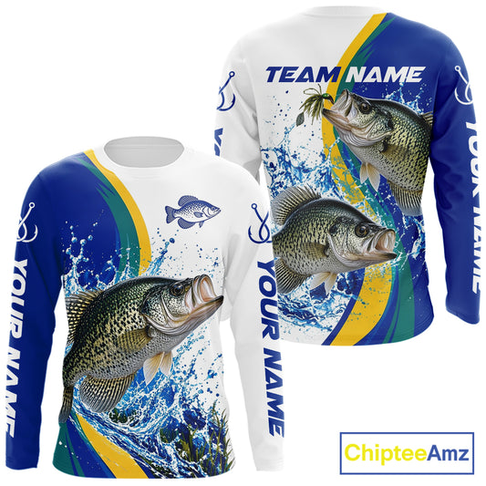 Crappie Fishing Blue Camo Custom Name Long Sleeves Fishing Shirts, Crappie Fishing Jersey NBT1147