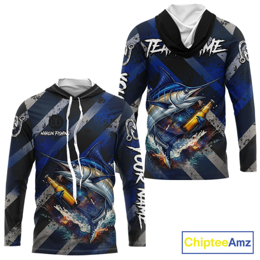 Marlin Fishing Custom Long Sleeve Hooded Fishing Shirts, Funny Beer Marlin Fishing Shirt NBT737