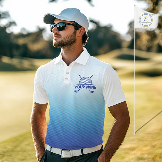 Blue White Mens Polo Golf Shirts Custom Name Golf Shirt For Men, Golf Team Clothes NBT504