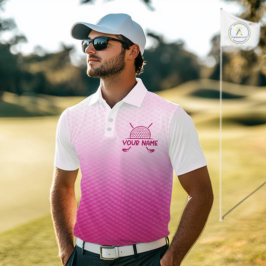 Pink White Mens Polo Golf Shirts Custom Name Golf Shirt For Men, Golf Team Clothes NBT505