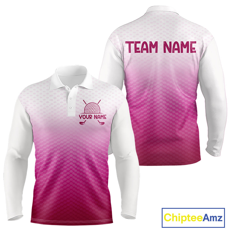 Pink White Mens Polo Golf Shirts Custom Name Golf Shirt For Men, Golf Team Clothes NBT505