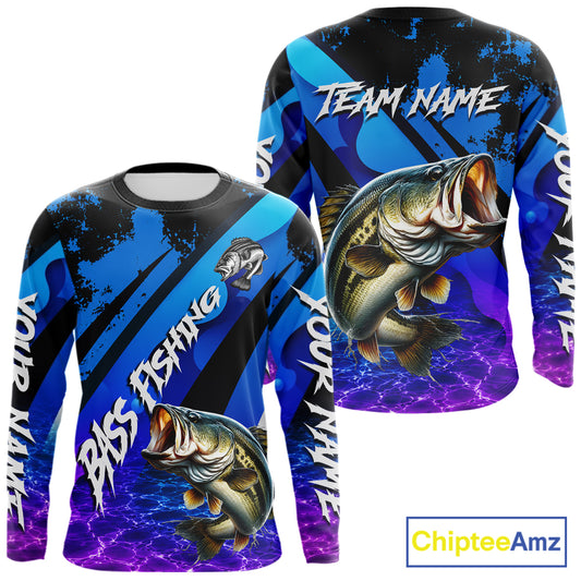 Personalized Purple Water Surface Largemouth Bass Long Sleeve Fishing Shirts, Bass Fishing Jerseys NBT1000