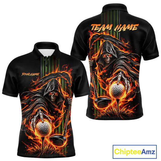 Custom Black Fire Flame Skull Reaper Custom Name Men Golf Polo Shirt, Team Golf Shirts NBT1083