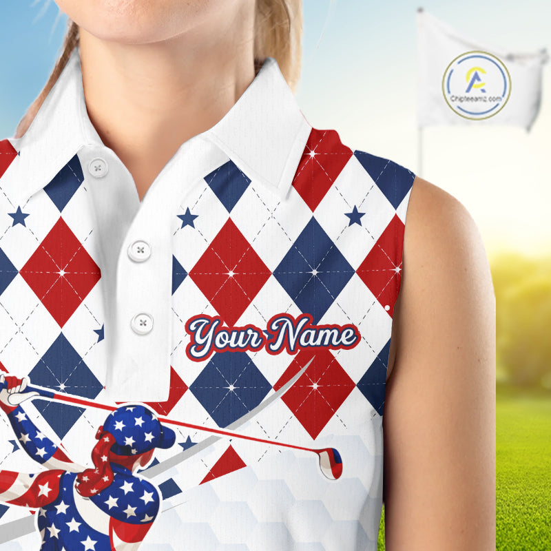 American Flag Sleeveless Golf Polo Shirt For Womens Patriotic White Golf Shirt 4th of July Golf Outfit Golf Gifts NBT520