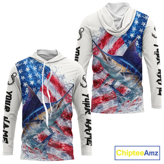 American Flag Patriotic Marlin Fishing Custom Long Sleeve Hooded Shirts, 4th of July Fishing Tournament Shirts NBT526