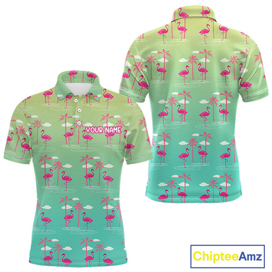 Pink Flamingo Palm Tree Mens Golf Polo Shirt, Tropical Golf Shirt, Cute Flamingo Print Summer Polo NBT538