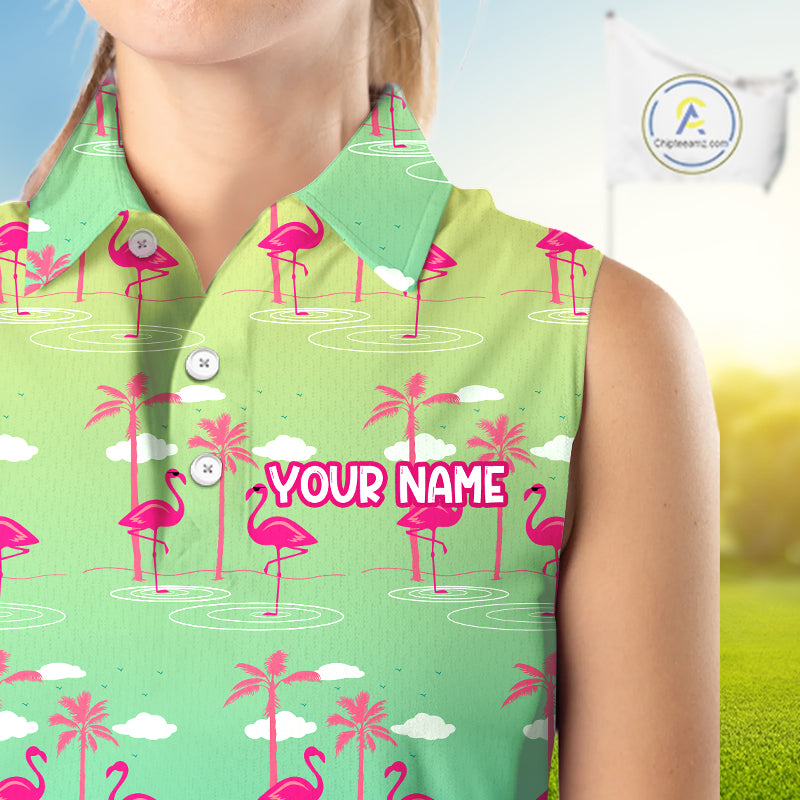 Pink Flamingo Palm Tree Womens Sleeveless Golf Polo Shirt, Tropical Golf Shirt, Cute Flamingo Print Summer Polo NBT538