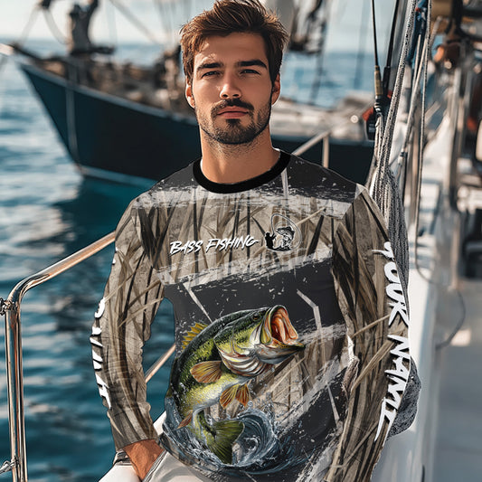 Largemouth Bass Grass Camo Custom Name Fishing Shirt, Bass Fishing Shirts For Men NBT354