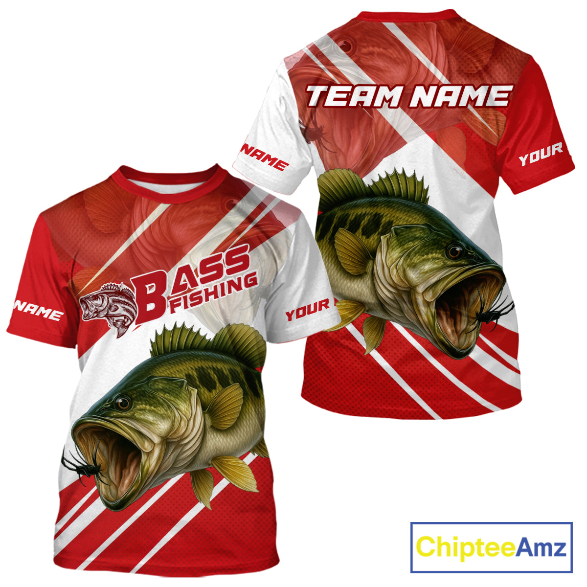Custom Red Camo Largemouth Bass Fishing Jerseys, Bass Tournament Fishing T-Shirts NBT1031