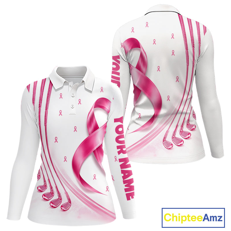 Front and back views of a womens breast caner awareness pink ribbon golf polo shirt, your name on the sleeve.