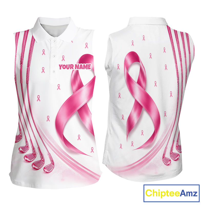 Front and back views of a womens Breast Cancer Awareness pink ribbon sleeveless golf polo shirt, name text on the sleeve.