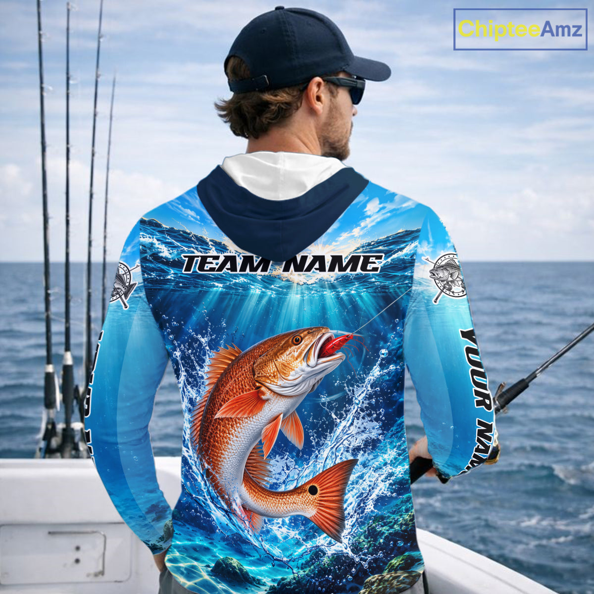 Personalized Redfish Blue Long Sleeve Hooded Performance Fishing Shirts, Redfish Tournament Fishing Jerseys NBT1248