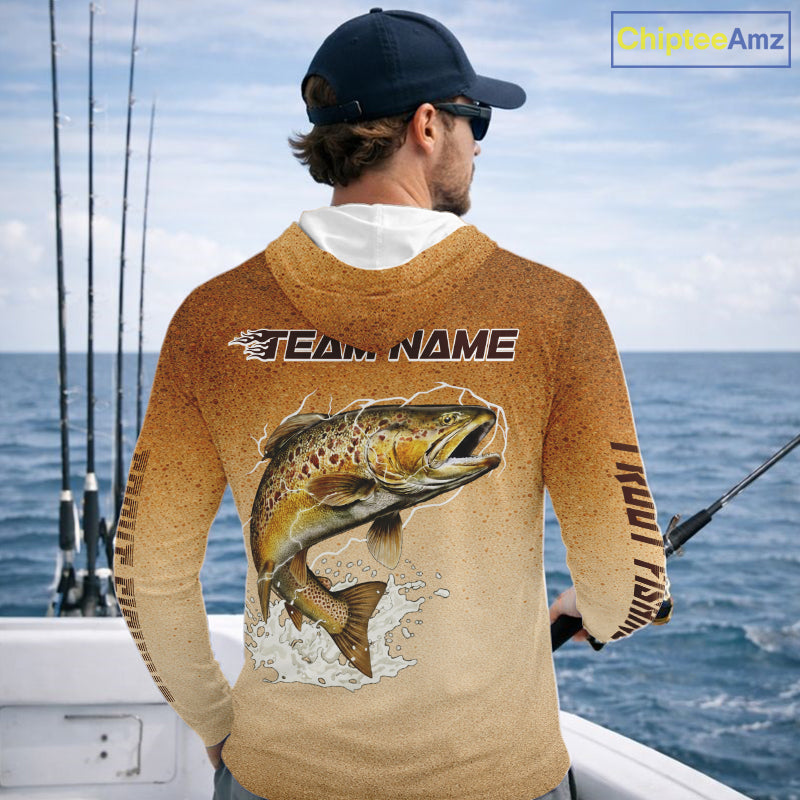 Brown Trout Fish Skin Long Sleeve Hooded Fishing Shirts Custom Name, Trout Fishing Shirts NBT402