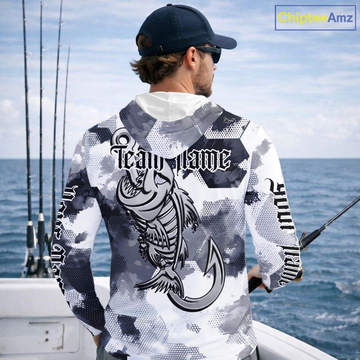 Man wearing personalized fish skeleton long sleeve hooded fishing shirt with custom team name on the back