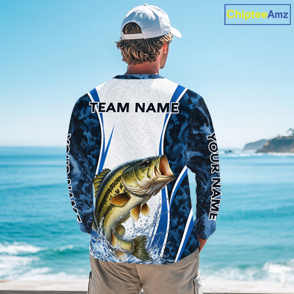 Largemouth Bass Fishing Blue Camo Long Sleeve Performance Fishing Shirt Custom Team Bass Fishing Jerseys NBT1115