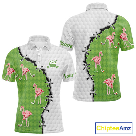 Funny Mens Golf Polo Shirt Green Argyle Flamingo Pattern Custom Name White Golf Shirt NBT558