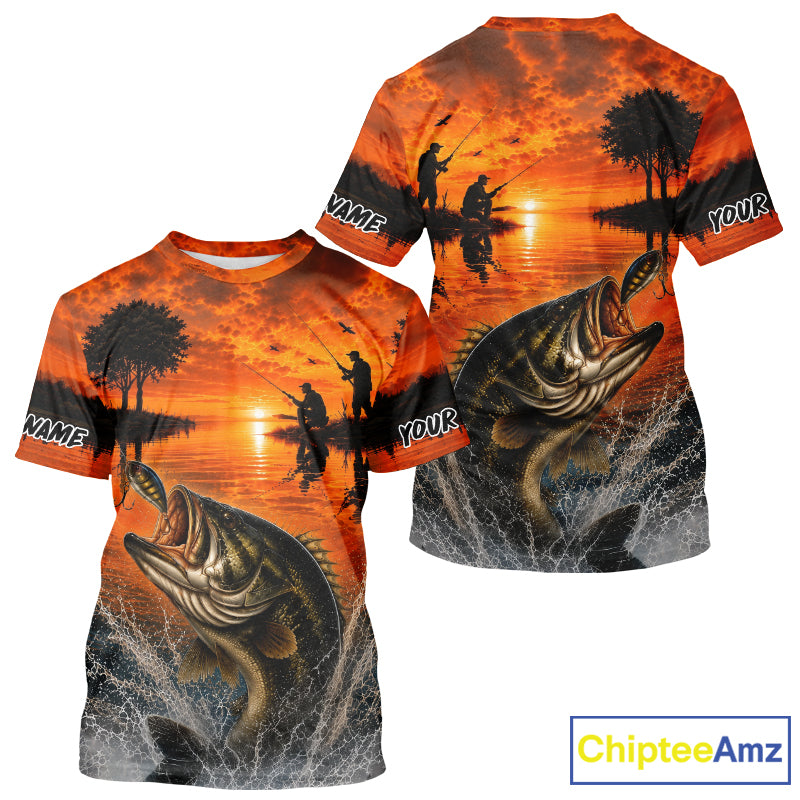 Sunset Bass Fishing Custom Name Fishing T-Shirts, Bass Fishing Shirt For Team NBT971