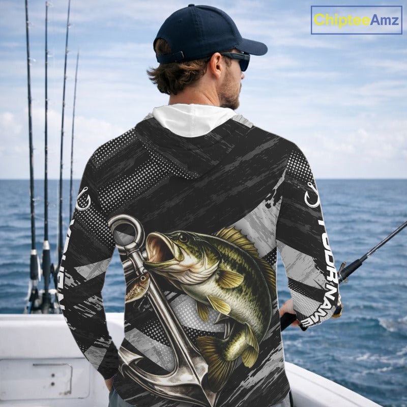 Personalized Bass Long Sleeve Hooded Fishing Shirts Anchor Vector Custom Name Black Camo, Bass Fishing Shirts NBT472