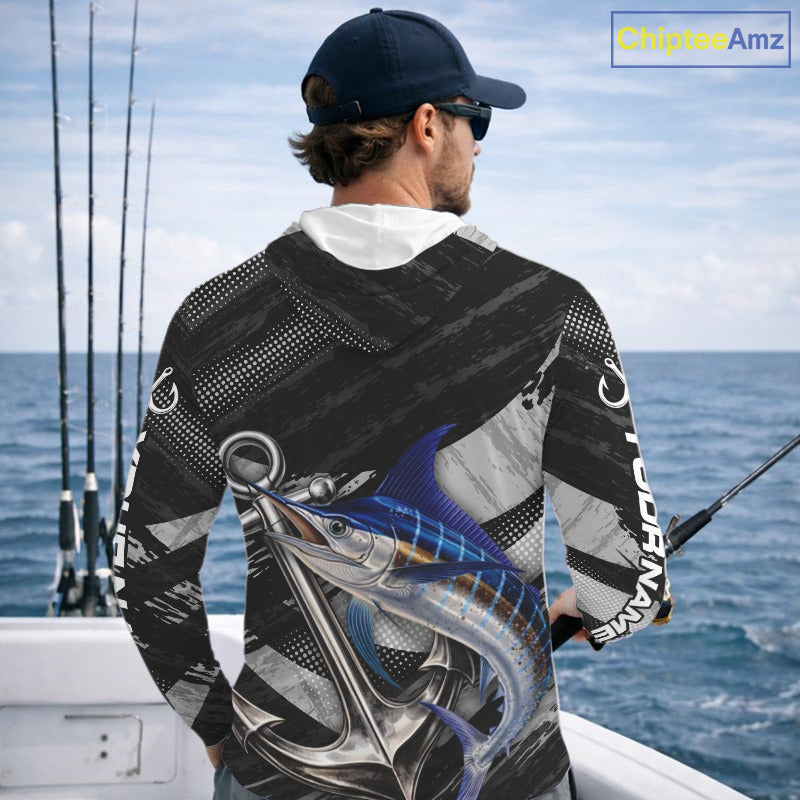 Personalized Marlin Long Sleeve Hooded Fishing Shirts Anchor Vector Custom Name Black Camo, Saltwater Fishing Shirts NBT473