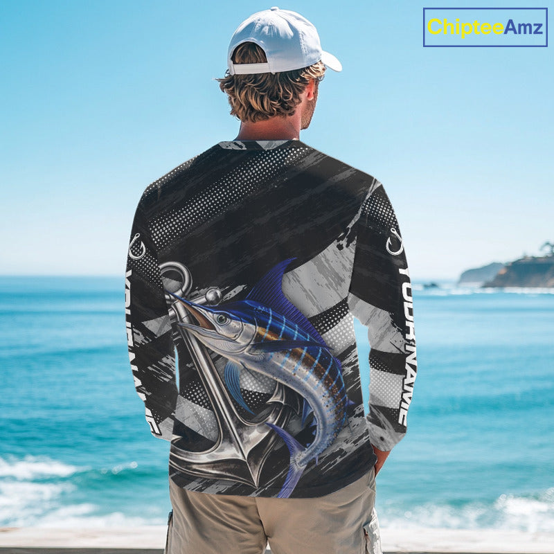 Personalized Marlin Fishing Long Sleeve Anchor Vector Custom Name Black Camo, Saltwater Fishing Shirts NBT473