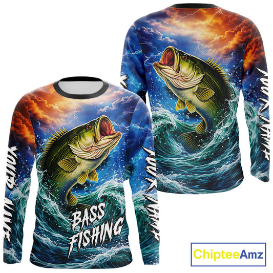 Personalized Bass Thunder And Lightening Long Sleeve Fishing Shirts,Custom Bass Fishing Jerseys NBT378