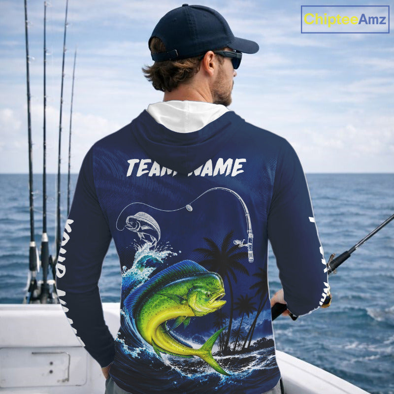 Angler wearing Mahi Mahi Fishing Custom performance long sleeve hooded fishing shirt on the boat
