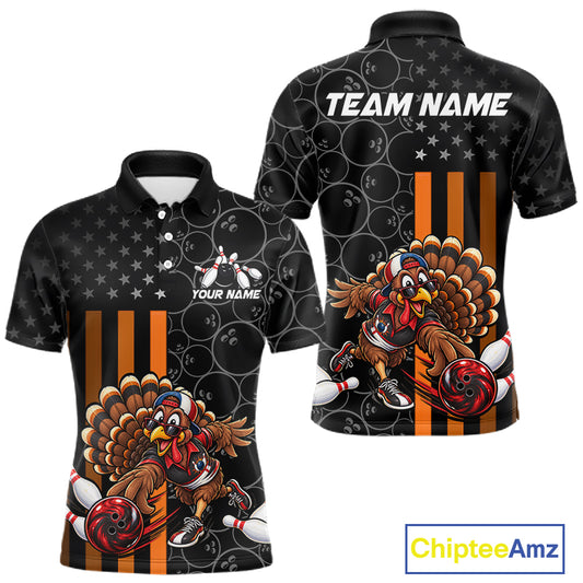Funny Turkey Bowling Shirt For Men, American Flag Bowling Tournament Polo & 1/4 Zip Bowling Team Shirts NBT1087