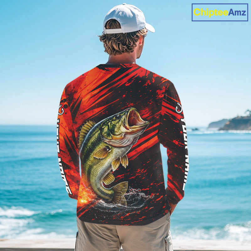Personalized Fishing Bass Long Sleeve Fishing Shirts Orange Custom Nam, Fishing Shirts For Men NBT382