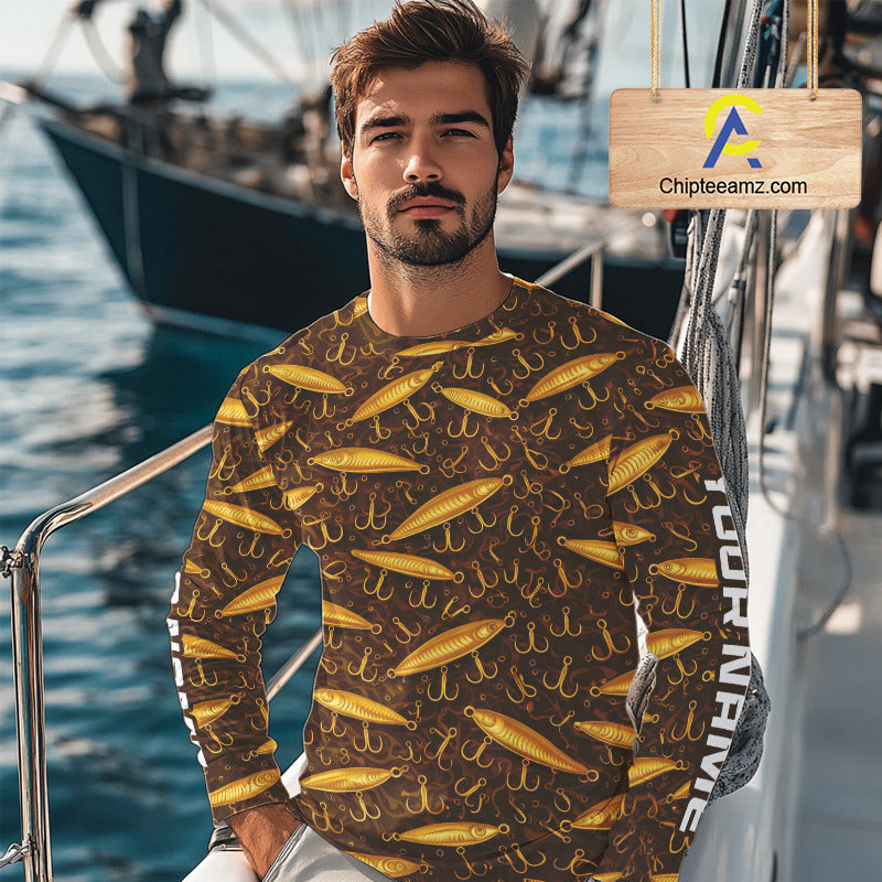 Custom Fishing Lure Yellow Long Sleeve Fishing Shirts For Men Custom Name, Mens Fishing Outfit NBT388