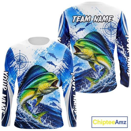 Personalized Mahi Mahi Blue Long Sleeve Performance Fishing Shirts, Mahi Mahi Tournament Shirt NBT1232