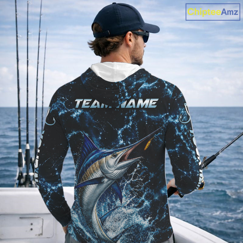 Custom Marlin Fishing Camo Long Sleeve Hooded Fishing Shirts, Personalized Marlin Fishing Team Jerseys NBT1033